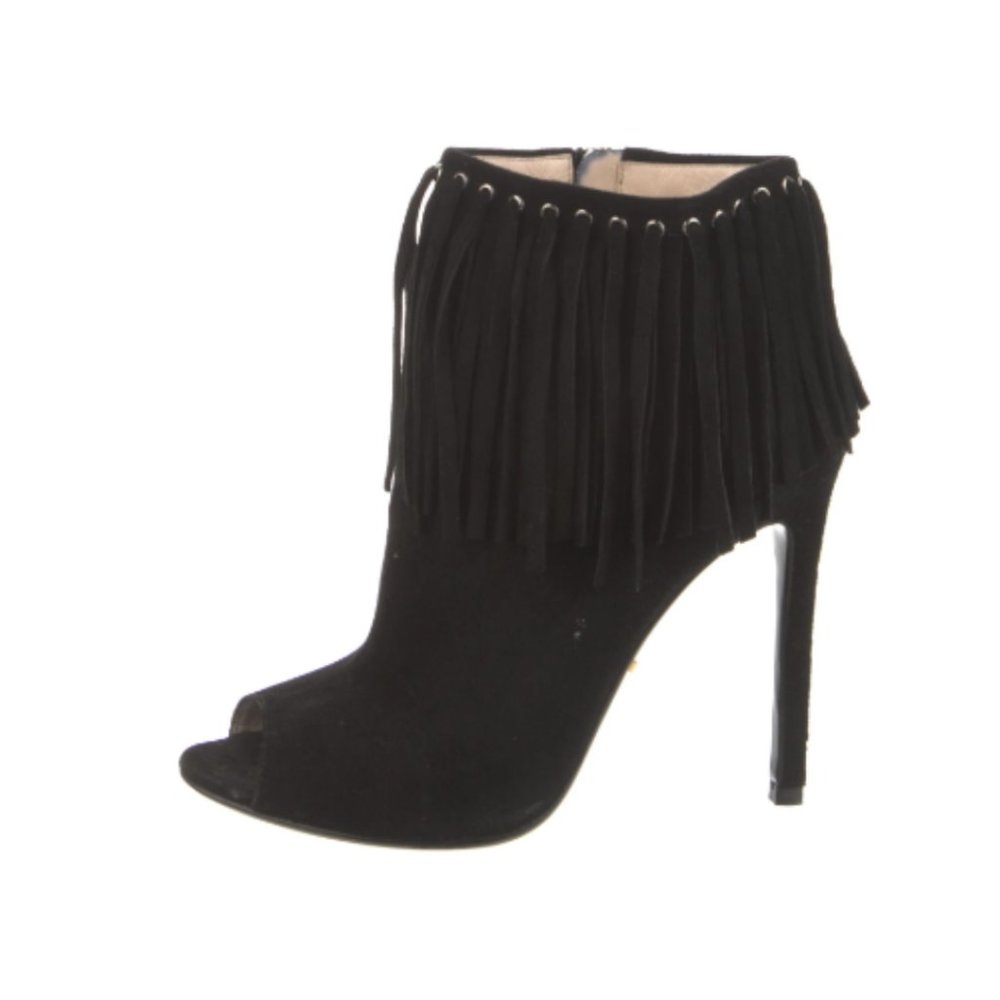 Prada Brown Suede Fringe Trim Accent Peep Toe Ankle Boots Stiletto Heels